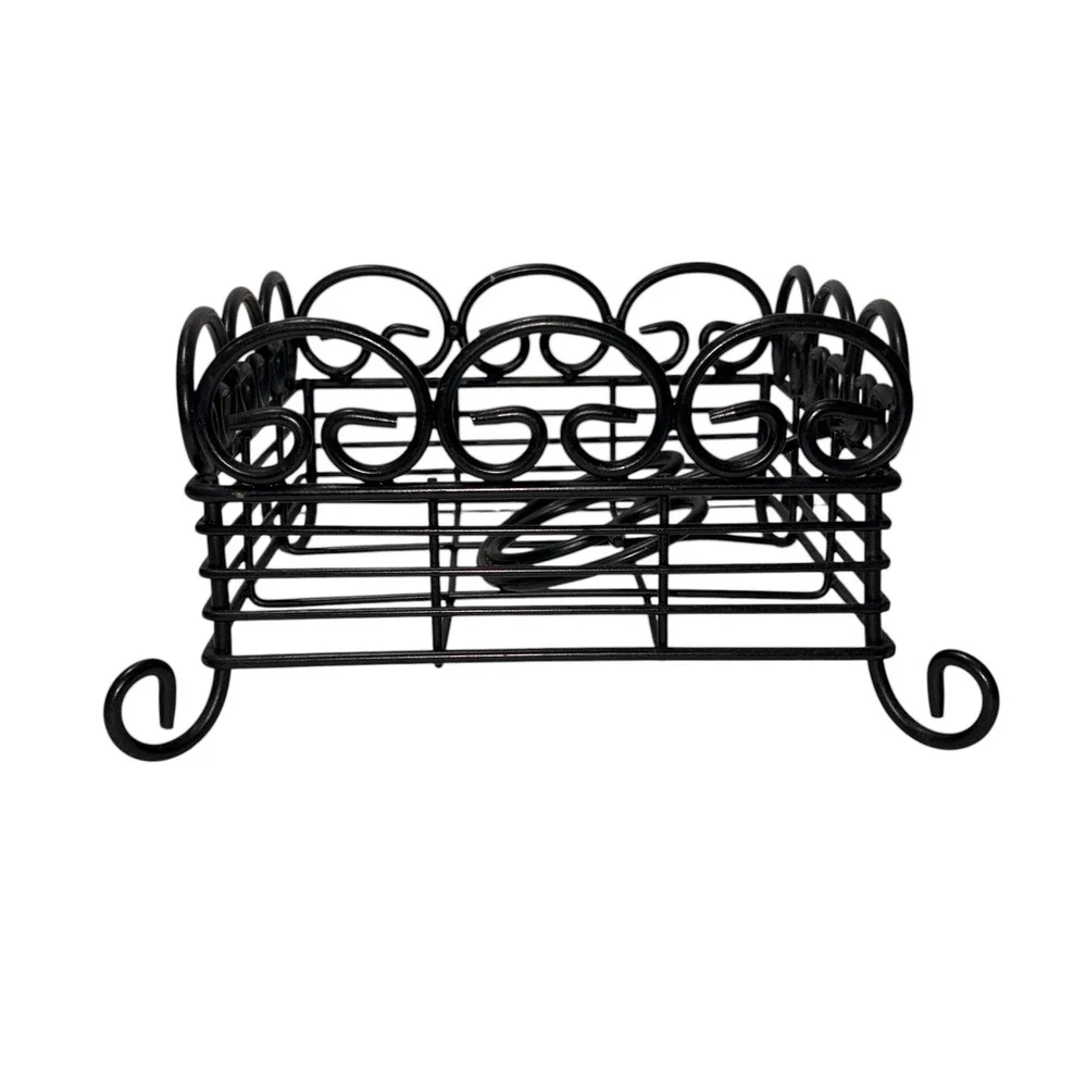Black Wrought Iron Napkin Holder Square Scrollwork Metal Weighted Arm Farmhouse